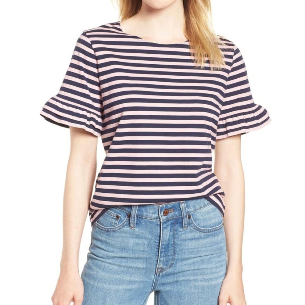 J.Crew Ruffle Sleeve Top in Blue and Pink Stripe
